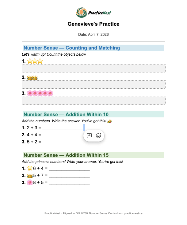 Sample practice sheet for Genevieve, Grade 1 — addition and matching