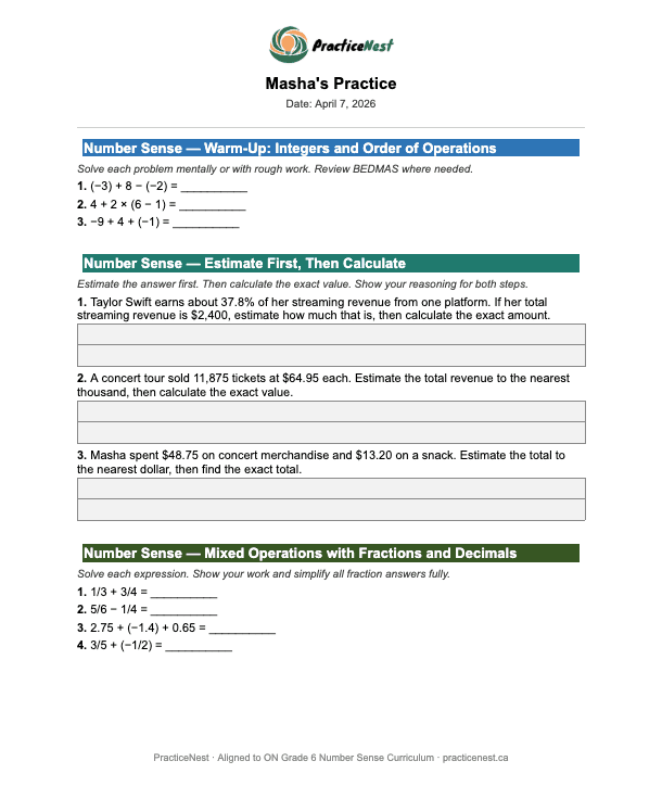 Sample practice sheet for Masha, Grade 5 — order of operations and fractions