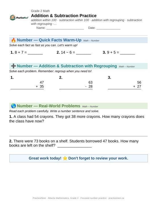 First page of the Grade 2 worksheet: Addition and subtraction within 100