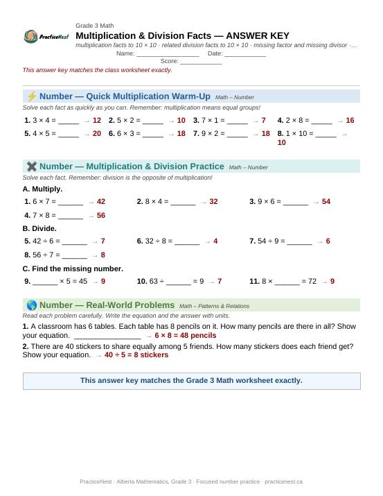 First page of the Grade 3 answer key: Multiplication and division facts to 10 × 10