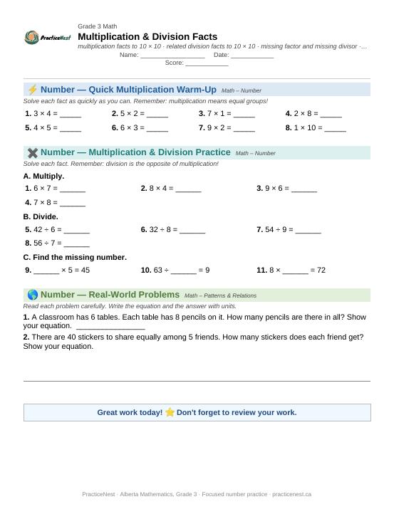 First page of the Grade 3 worksheet: Multiplication and division facts to 10 × 10