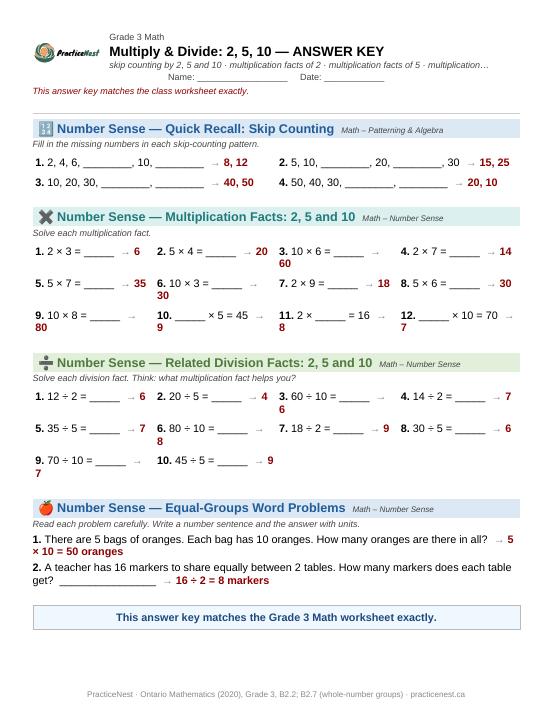First page of the Grade 3 answer key: Multiplication and division facts: 2, 5 and 10