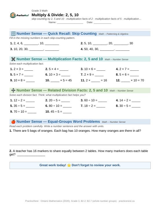 First page of the Grade 3 worksheet: Multiplication and division facts: 2, 5 and 10