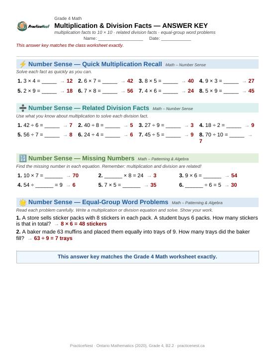 First page of the Grade 4 answer key: Multiplication and related division facts to 10 × 10