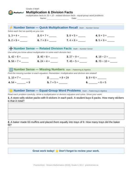 First page of the Grade 4 worksheet: Multiplication and related division facts to 10 × 10