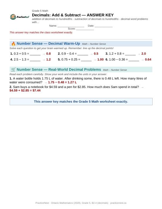 First page of the Grade 5 answer key: Adding and subtracting decimals to hundredths