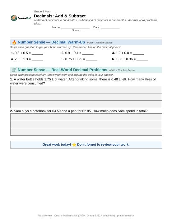 First page of the Grade 5 worksheet: Adding and subtracting decimals to hundredths